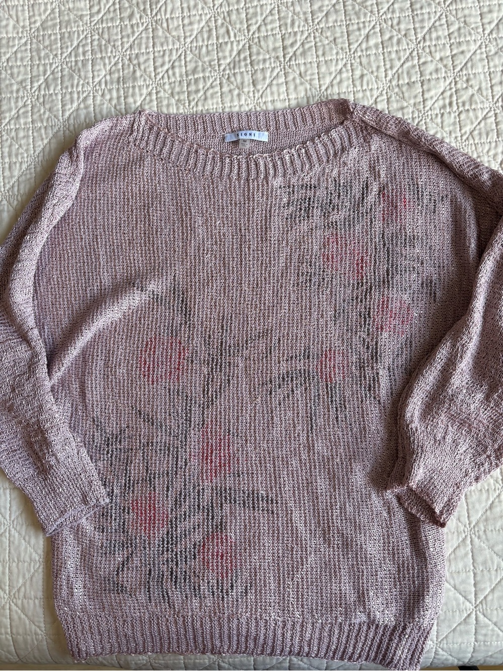 Sioni Mauve Knit Top with Pink Floral Detail 3/4 Batwing Sleeve